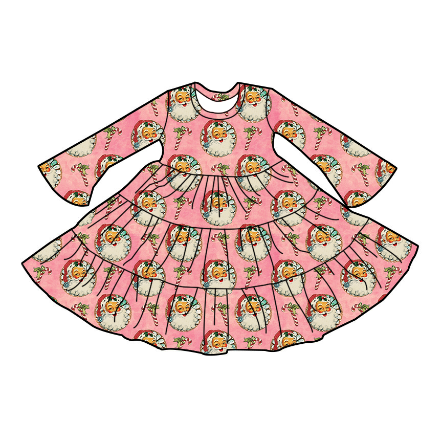 Christmas custom printing baby girls fashionable high quality autumn winter dress wholesale kids long sleeve beautiful clothing