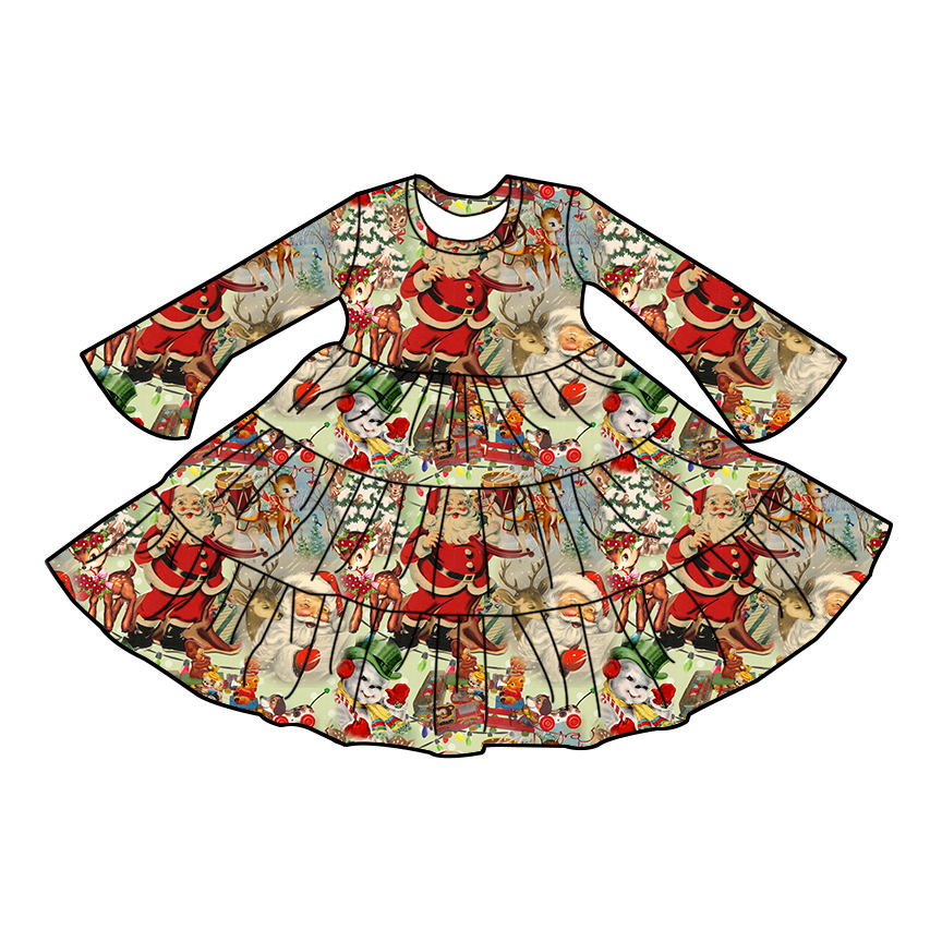 Christmas custom printing baby girls fashionable high quality autumn winter dress wholesale kids long sleeve beautiful clothing