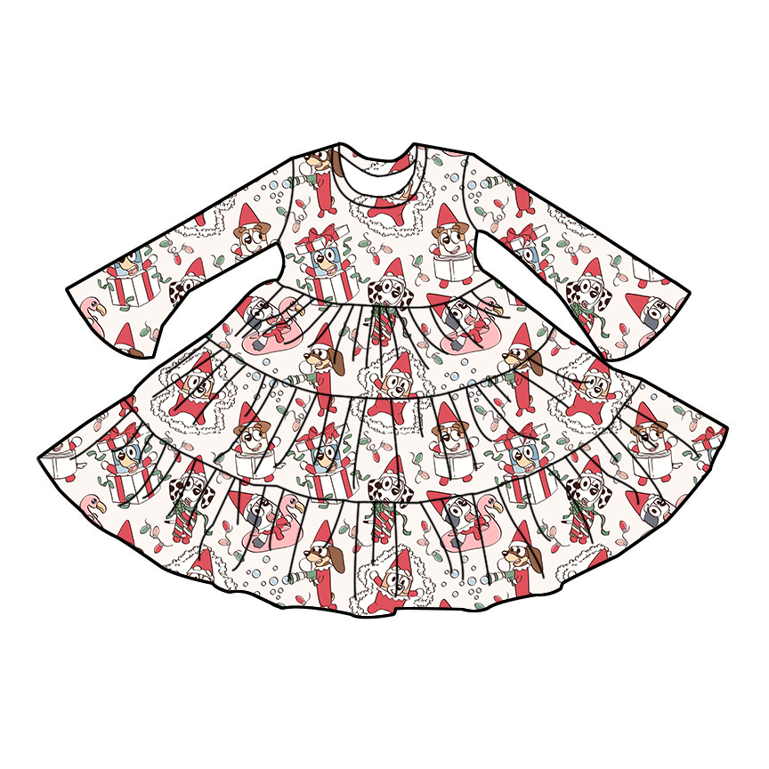 Christmas custom printing baby girls fashionable high quality autumn winter dress wholesale kids long sleeve beautiful clothing