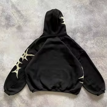 Men's Cropped Boxy Hoodie with Embossed Puff Printing and Rhinestone Distress Designer Fleece Fabric