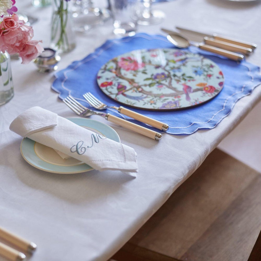 Luxury French pure organic flax fabric Table Linens placemat Scalloped edge Embroidered Linen Napkin for Wedding Custom