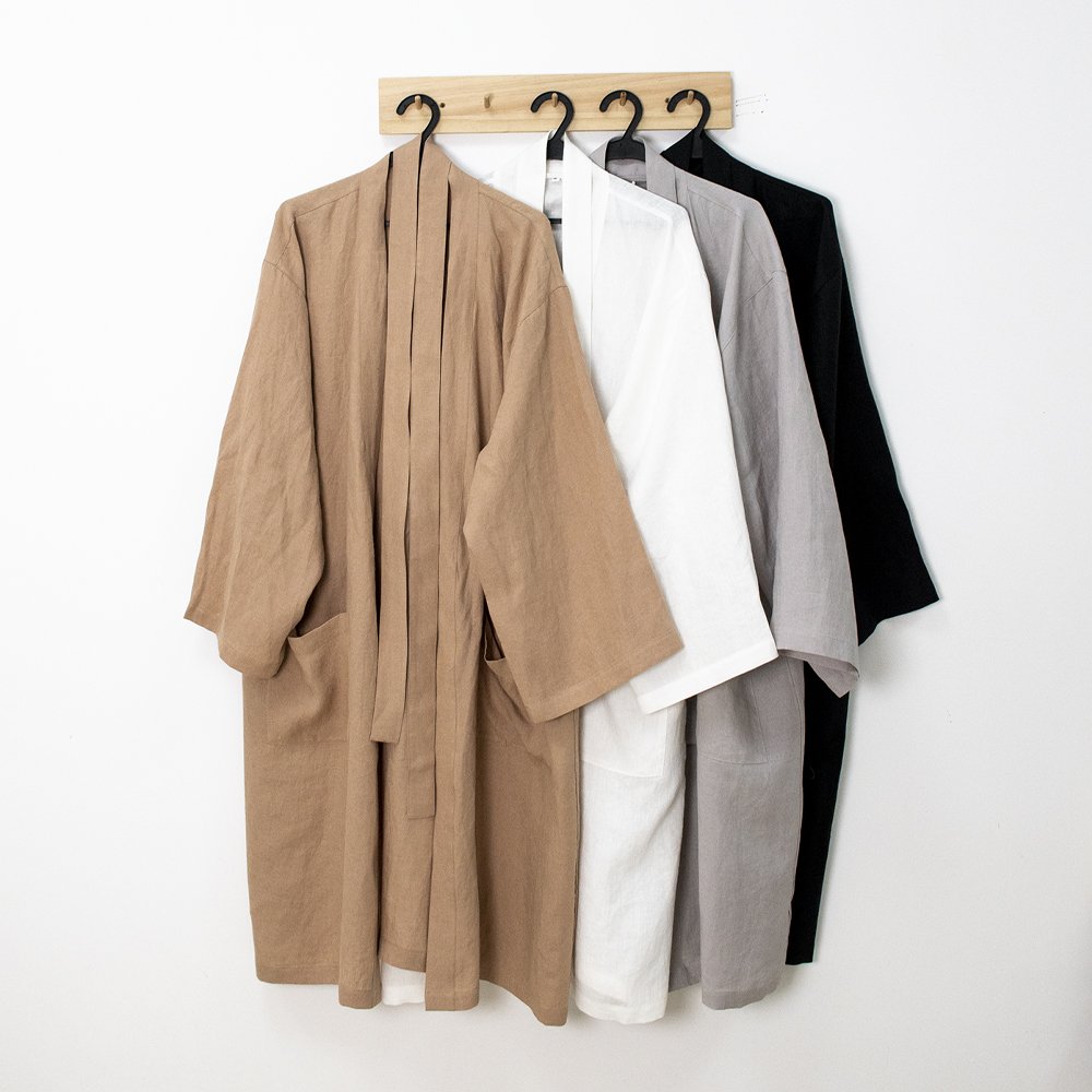 summer short sleeve belted unisex black sustainable linen bathrobe 100% linen beach kimono