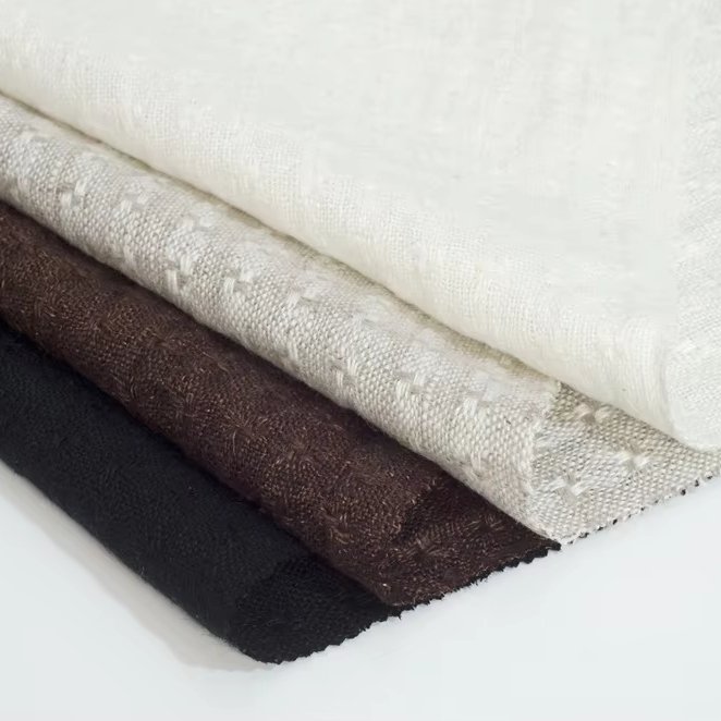 #1294 New design low moq 100%linen jacquard yarn dyed clothing fabrics manufacturer 256g linen fabric