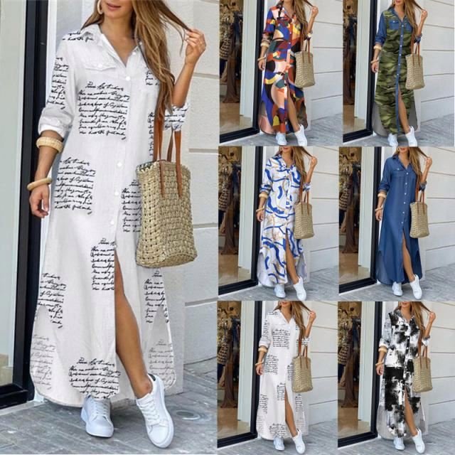Elegant Letter Print Women Long Dress 2024 Spring Summer Long Sleeve Maxi Dress Casual Female Button Split Party Dress Vestidos