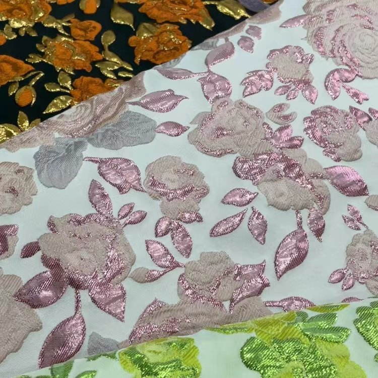 100%POLYESTER DESIGNER customize metallic FABRIC beautiful 3D pattern floral Jacquard brocade fabric materials for dress making