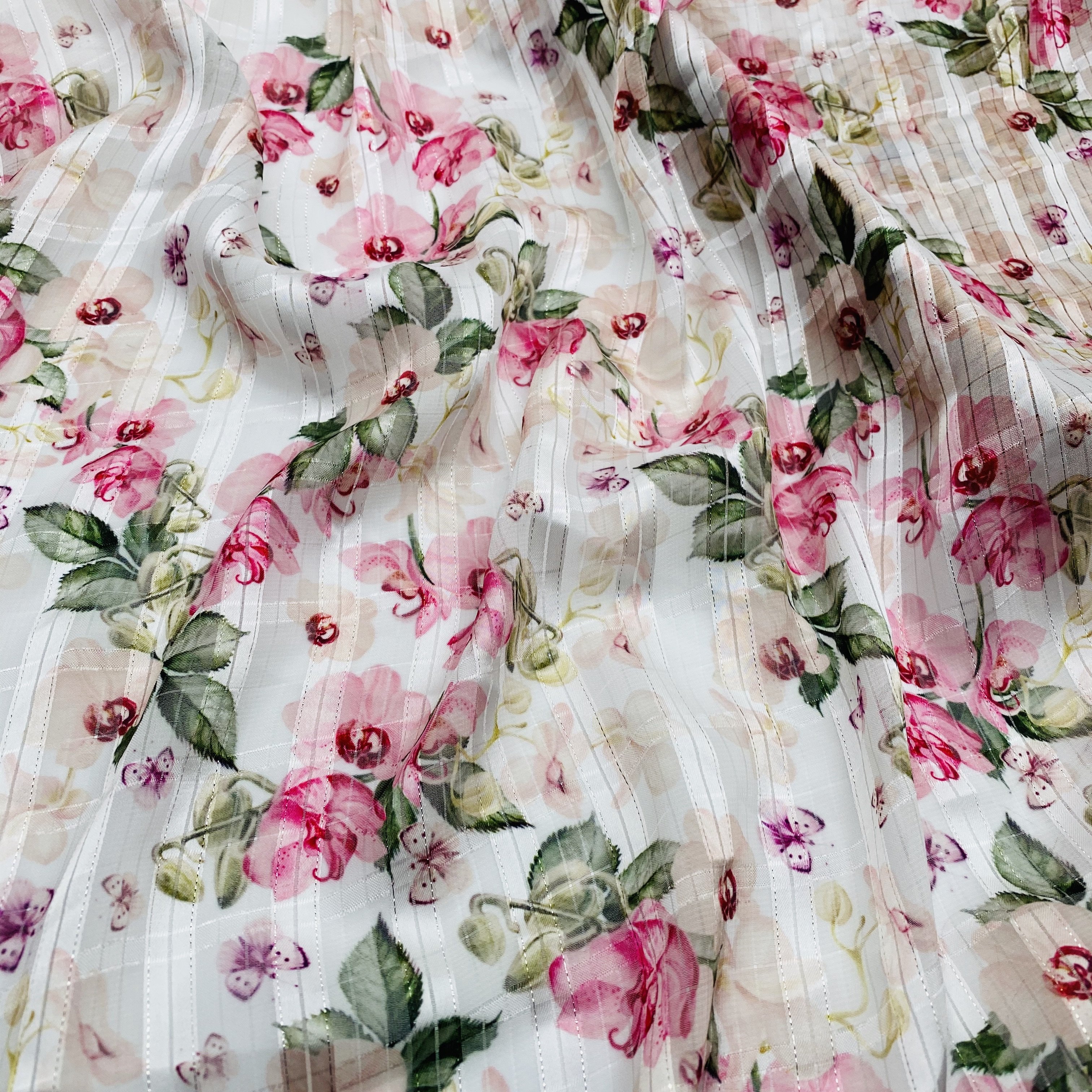 textile suppliers wholesale stripe polyester metallic design chiffon fabric flower digital printing fabric for clothing