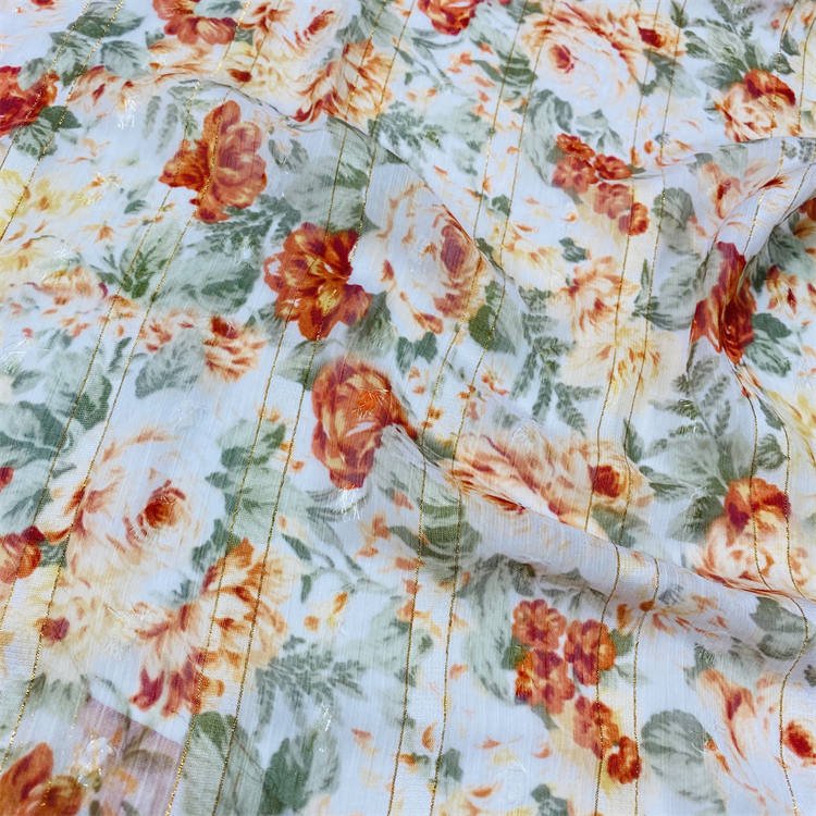 high end fabric supplier metallic stripe chiffon fabric printing for lady's dress and garments