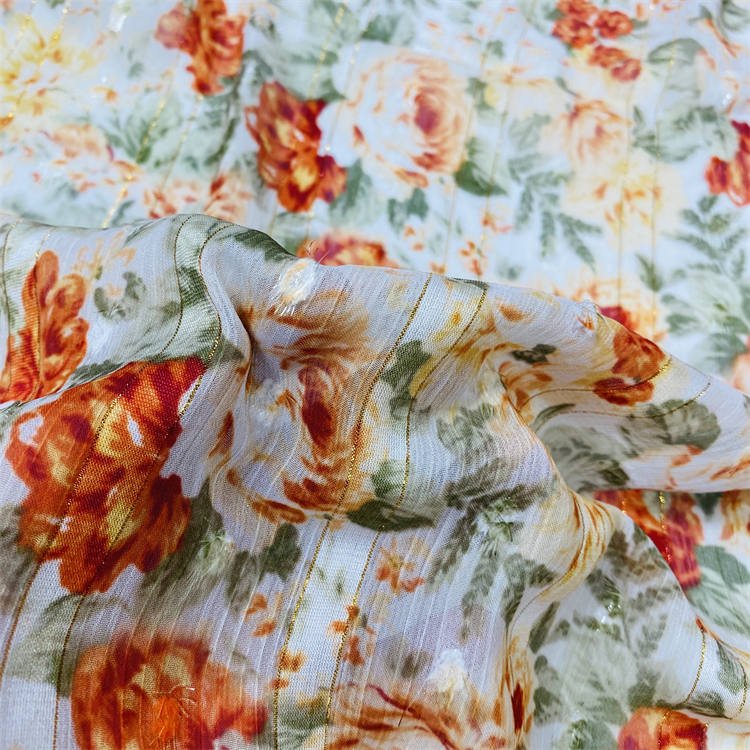high end fabric supplier metallic stripe chiffon fabric printing for lady's dress and garments