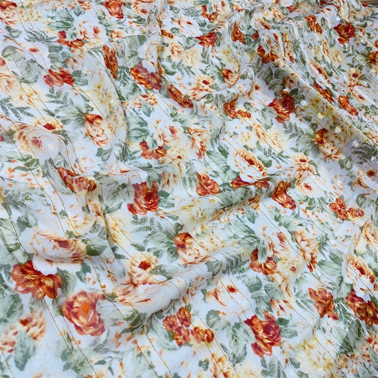 high end fabric supplier metallic stripe chiffon fabric printing for lady's dress and garments