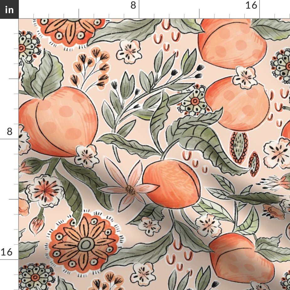 Mandala Peaches Printed on Chiffon Fabric for Dresses Justpeachy3 Blossoms Fruit Peach Summer Woven 100% Polyester Plain 1 Meter