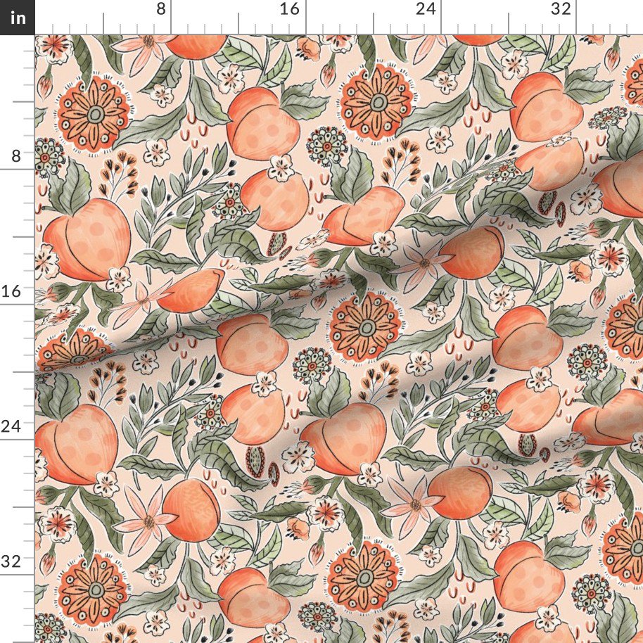 Mandala Peaches Printed on Chiffon Fabric for Dresses Justpeachy3 Blossoms Fruit Peach Summer Woven 100% Polyester Plain 1 Meter