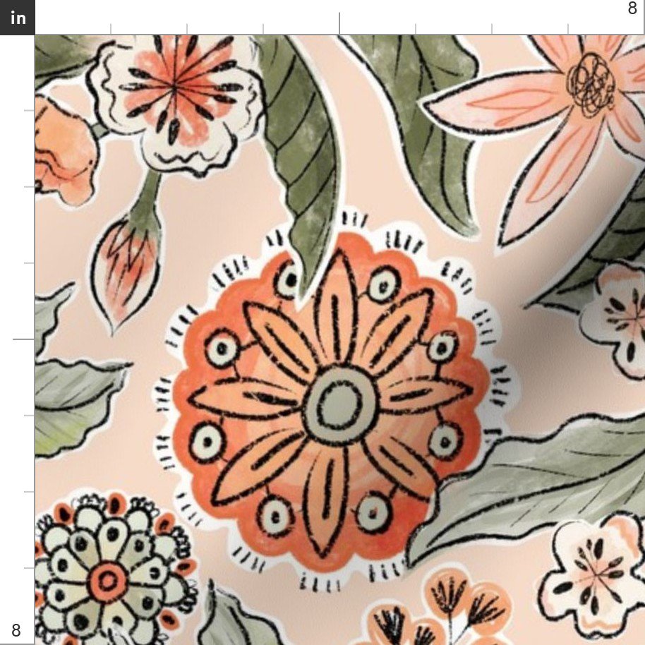 Mandala Peaches Printed on Chiffon Fabric for Dresses Justpeachy3 Blossoms Fruit Peach Summer Woven 100% Polyester Plain 1 Meter
