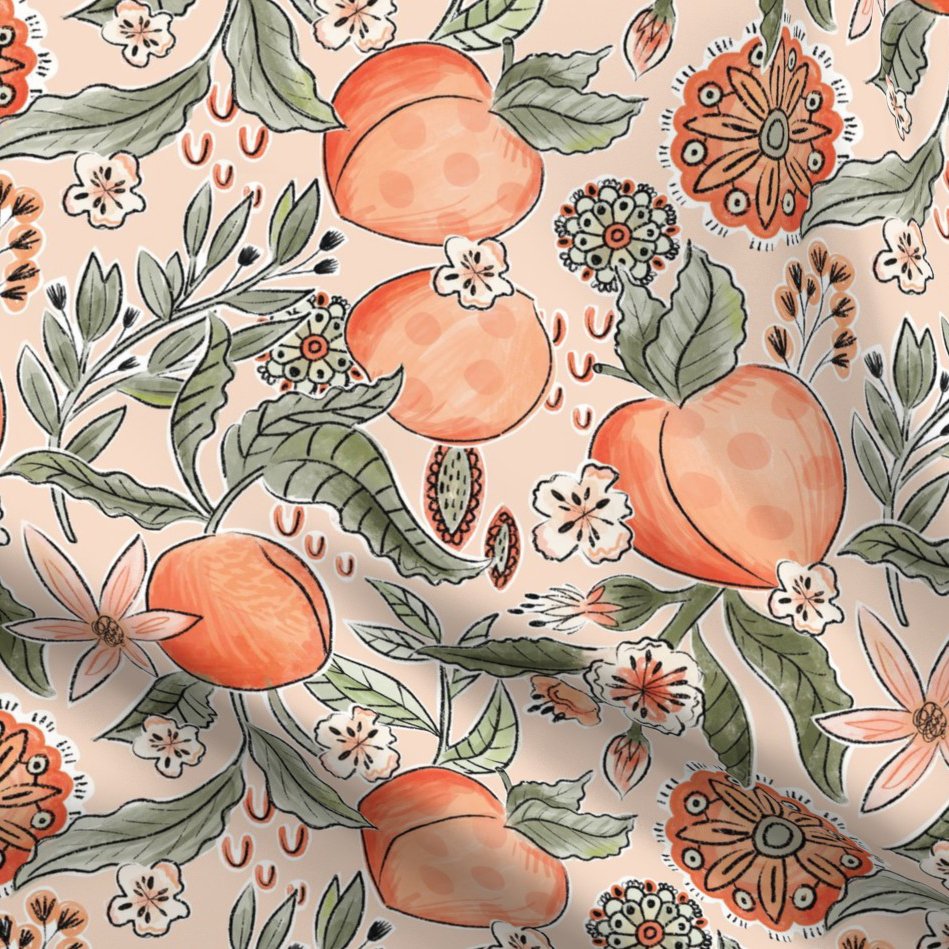 Mandala Peaches Printed on Chiffon Fabric for Dresses Justpeachy3 Blossoms Fruit Peach Summer Woven 100% Polyester Plain 1 Meter