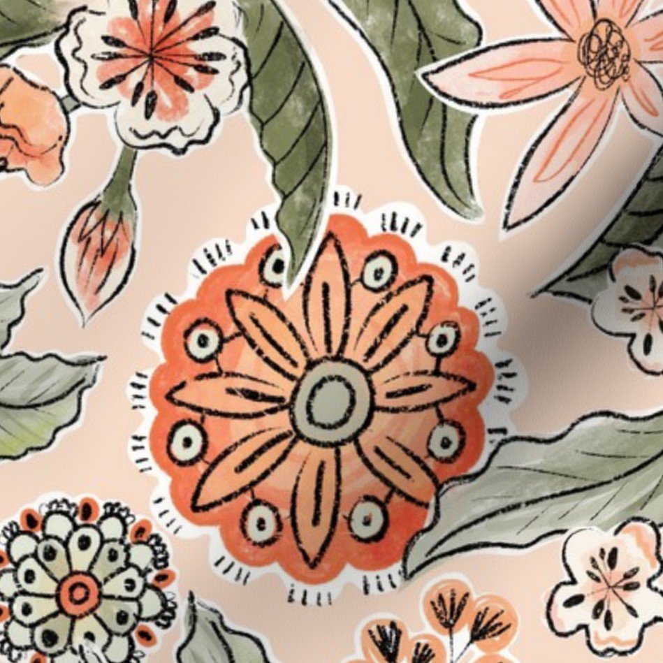 Mandala Peaches Printed on Chiffon Fabric for Dresses Justpeachy3 Blossoms Fruit Peach Summer Woven 100% Polyester Plain 1 Meter