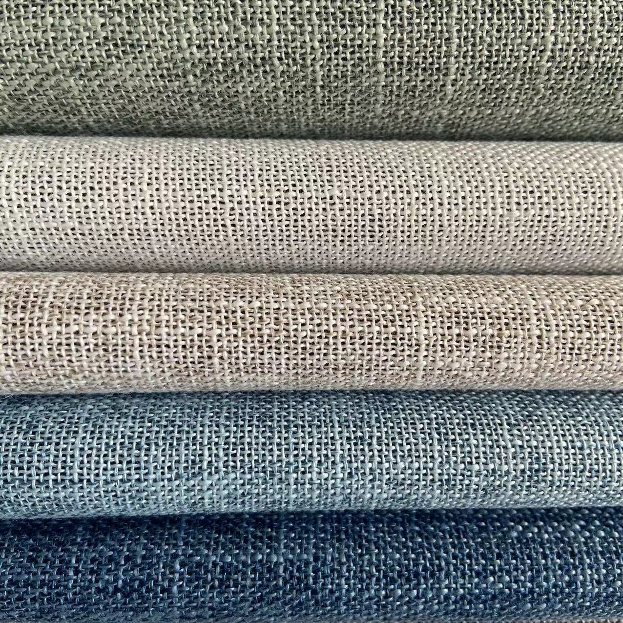 Classic Slub Textured Linen Style Blackout Curtain Fabrics Two Side Linen Flame Retardant Window Drapes Fabric