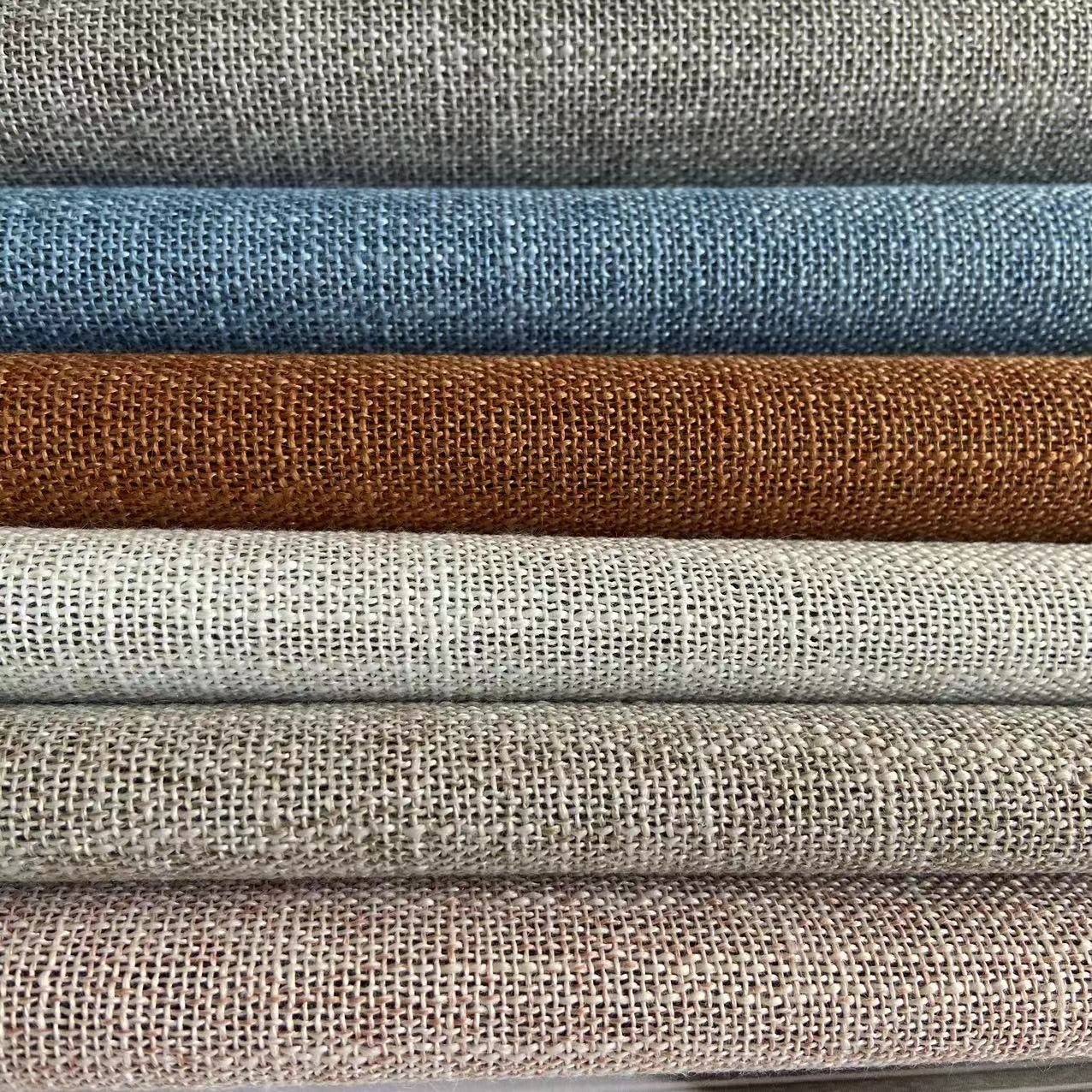 Classic Slub Textured Linen Style Blackout Curtain Fabrics Two Side Linen Flame Retardant Window Drapes Fabric