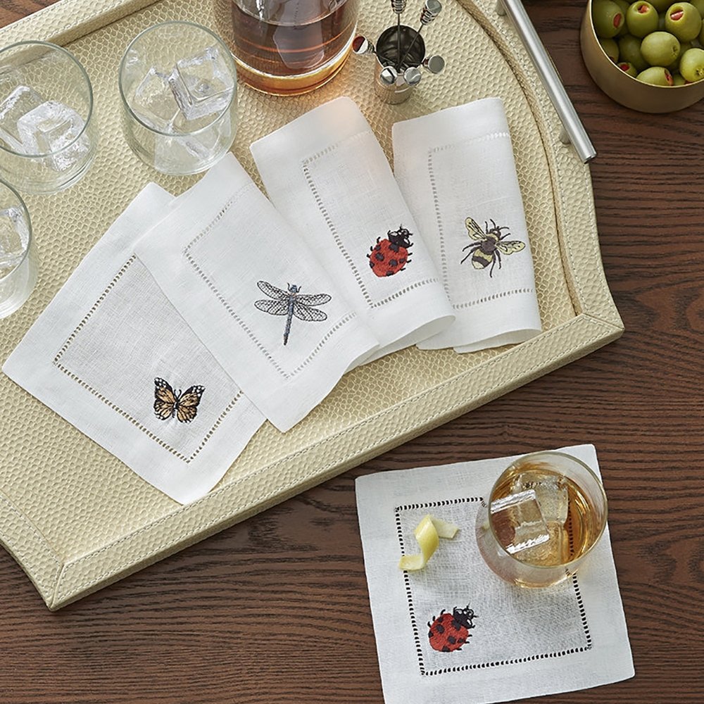 Custom monogram Embroidered pattern edge 100% pure falx fabric hemstitch linen Cocktail Napkin for wedding