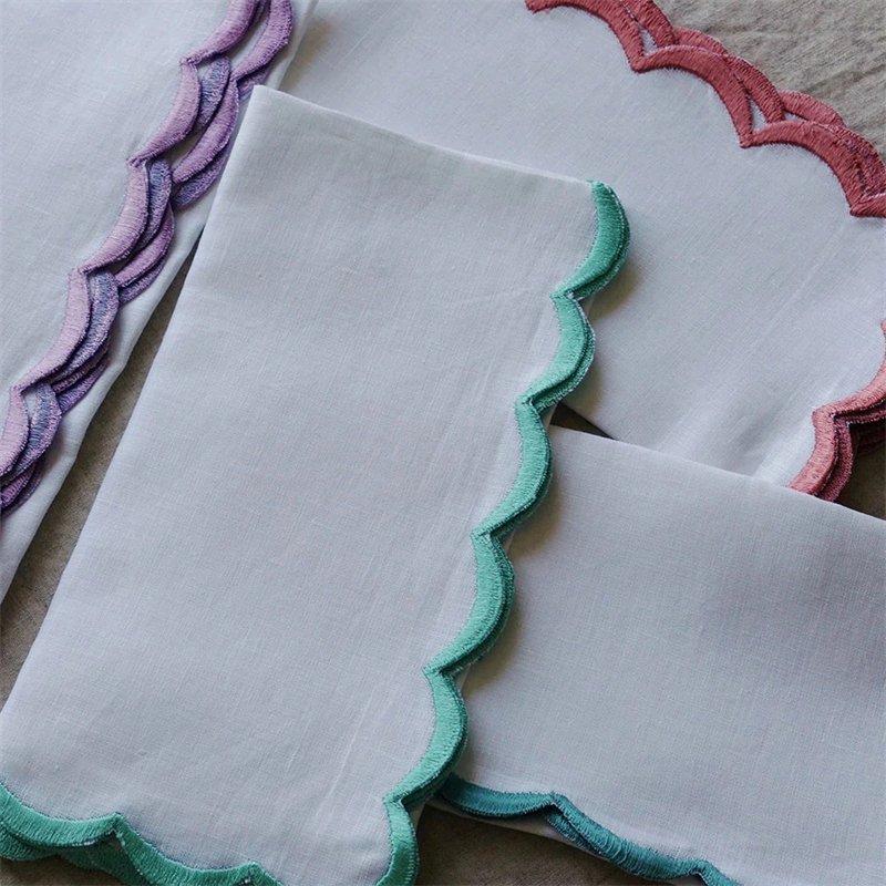 Servilletas De Lino Embroidered Linen Napkins Custom Embroidery Scallop Edge Scalloped Napkins Wedding