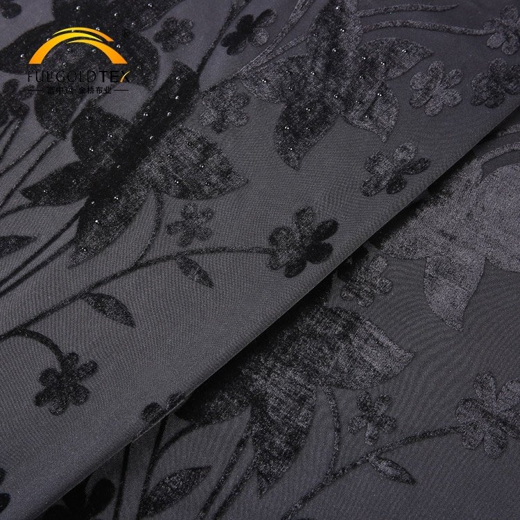 Manufacturer Wholesale Black Yarn Dyed Stretch Clothing Weft Knitted Velvet Jacquard 3D Printing Blackout Burnout Dress Fabric