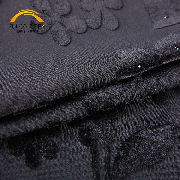 Manufacturer Wholesale Black Yarn Dyed Stretch Clothing Weft Knitted Velvet Jacquard 3D Printing Blackout Burnout Dress Fabric