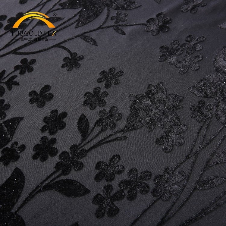 Manufacturer Wholesale Black Yarn Dyed Stretch Clothing Weft Knitted Velvet Jacquard 3D Printing Blackout Burnout Dress Fabric