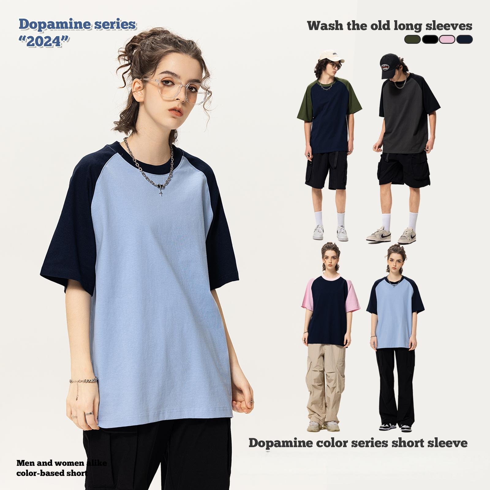Oversized All Cotton Macaron Color Series Short Sleeved Shirt Heavy Duty Double Yarn Distressed Technics Quick Dry O Neck