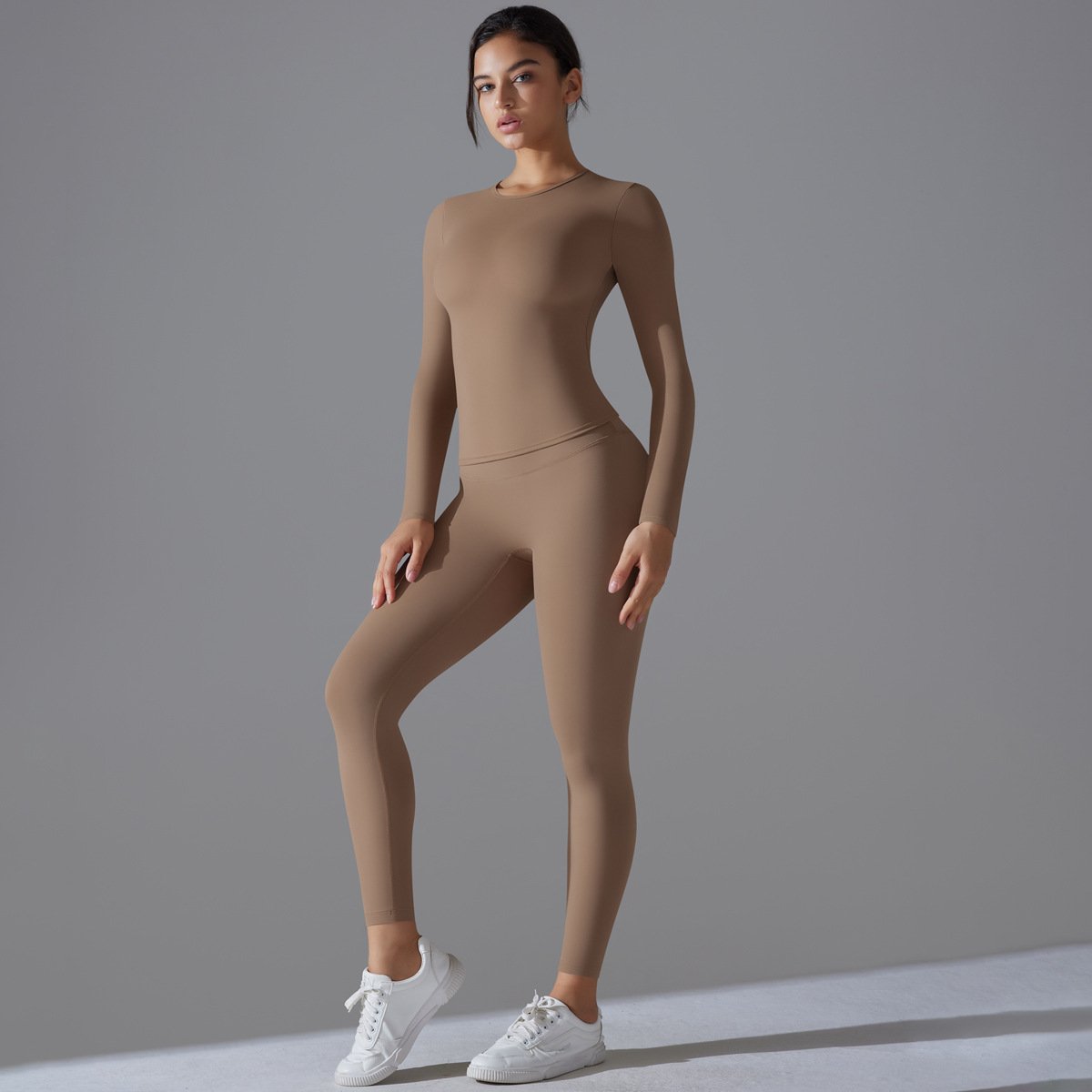 new women's solid color double-sided brushed high elastic high waist tight hip lifting training yoga suit running fitness suit