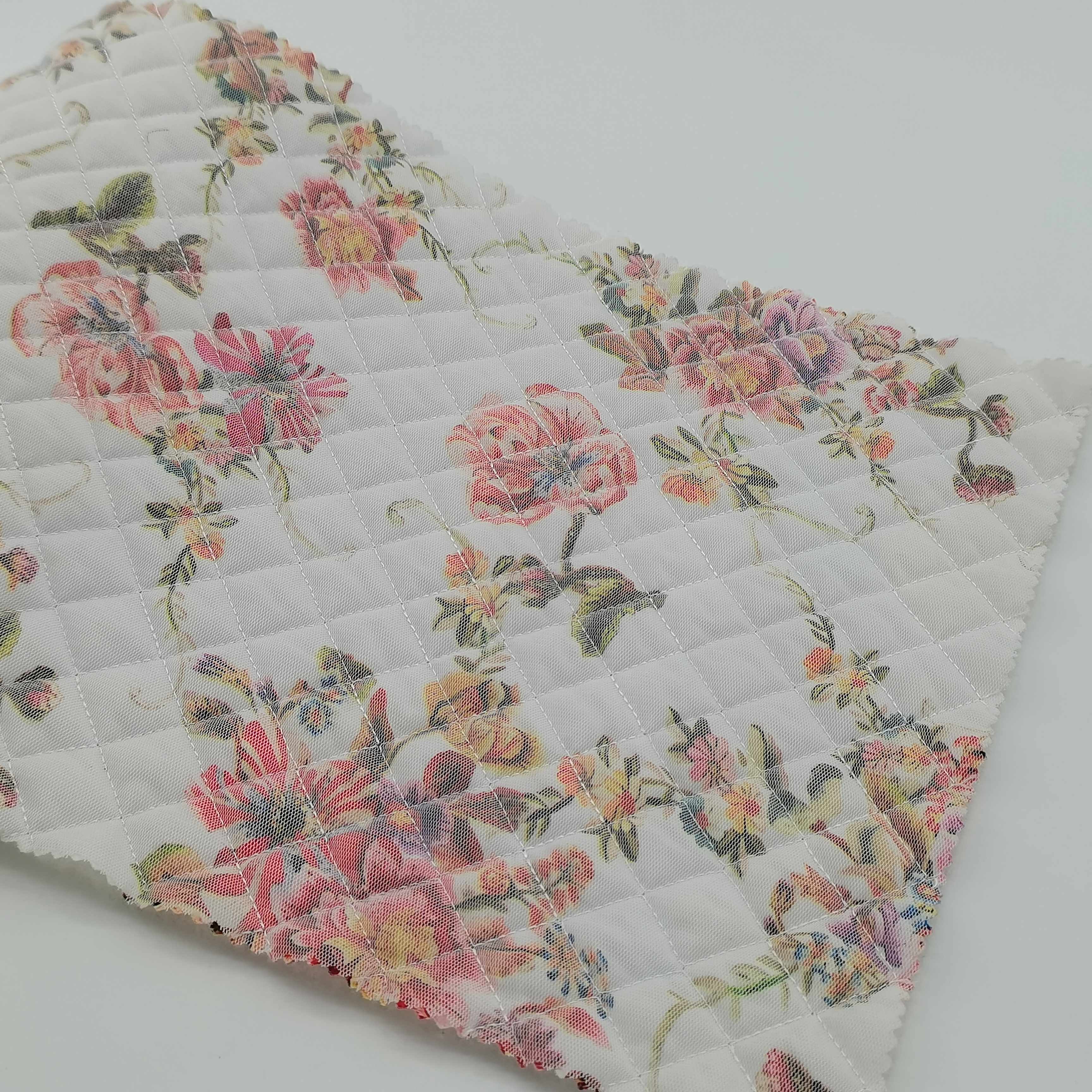 Quilting series mesh floral printed pongee 100% polyester quilted fabric for garment