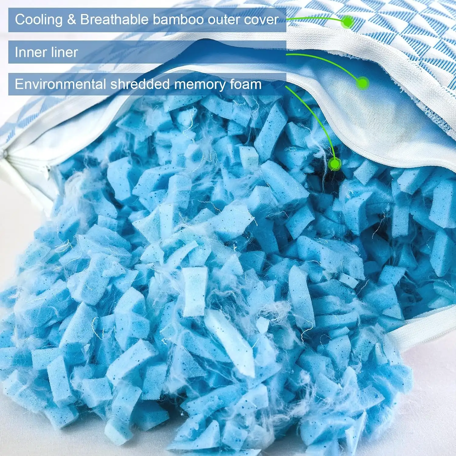Cooling Gel Shredded Memory Foam Adjustable Pillow with Double Side Cooling and Bamboo Fabric Pillowcase