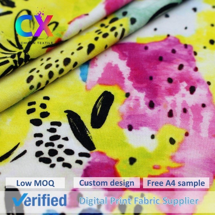 Wholesale custom digital printed colorful floral anti-bacteria spandex stretch single jersey bamboo fabrics for swimwear