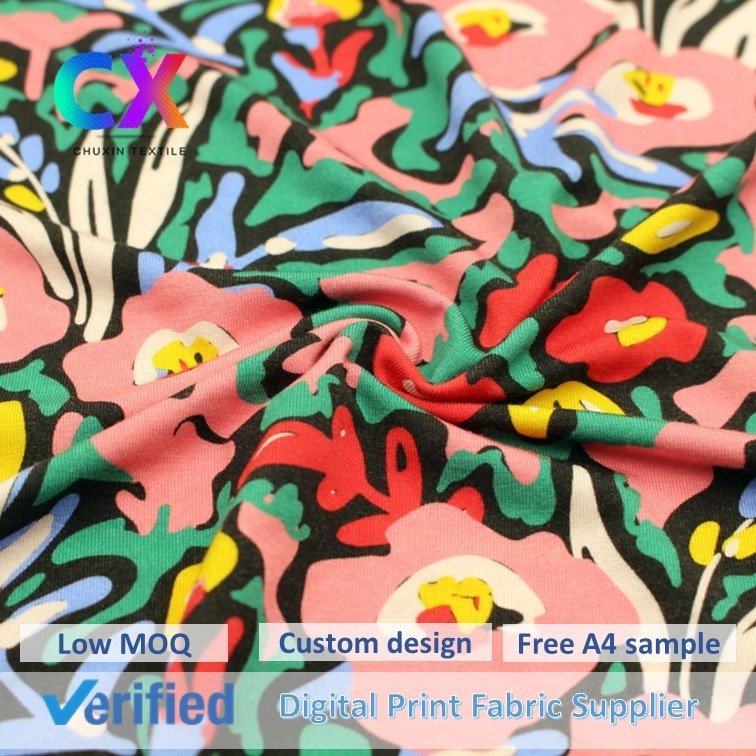 Factory Price Custom Flower digital Print 95% Bamboo Fiber 5% Spandex Stretch Plain Knit Jersey Fabric for Baby Garment