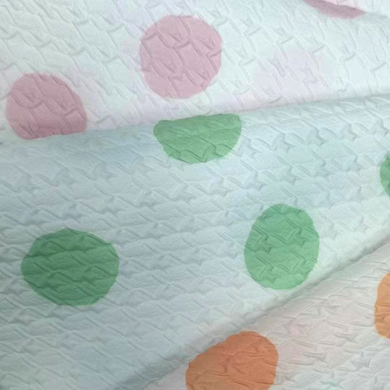high quality in stock double layer 3D embossed composite Fabric dot print 100% polyester fabric down puffer jacket, coat cloth