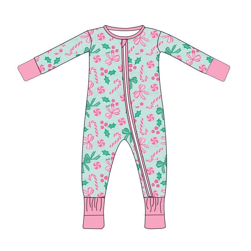 Newest bamboo custom Christmas print zip baby romper baby boys & girls winter baby bamboo pajamas clothing set for Christmas