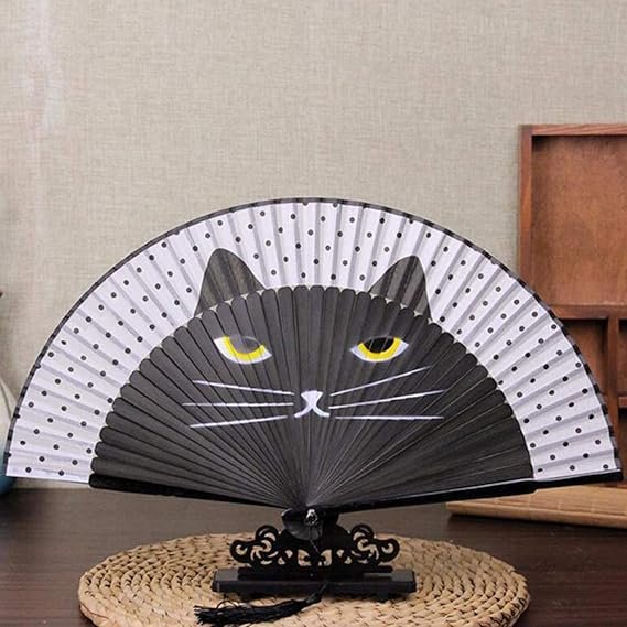 Bamboo Hand Fan Panda Handheld Fan Cartoon Cat Folding Fan with Bamboo Frames and Elegant Tassel