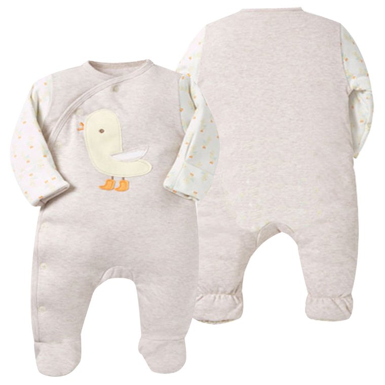 New organic cotton slanted open button baby jumpsuit long sleeved double-layer cotton clip on hand and foot round neck jumpsuit