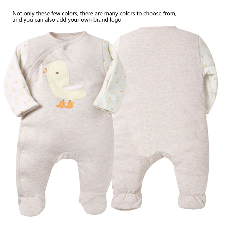 New organic cotton slanted open button baby jumpsuit long sleeved double-layer cotton clip on hand and foot round neck jumpsuit