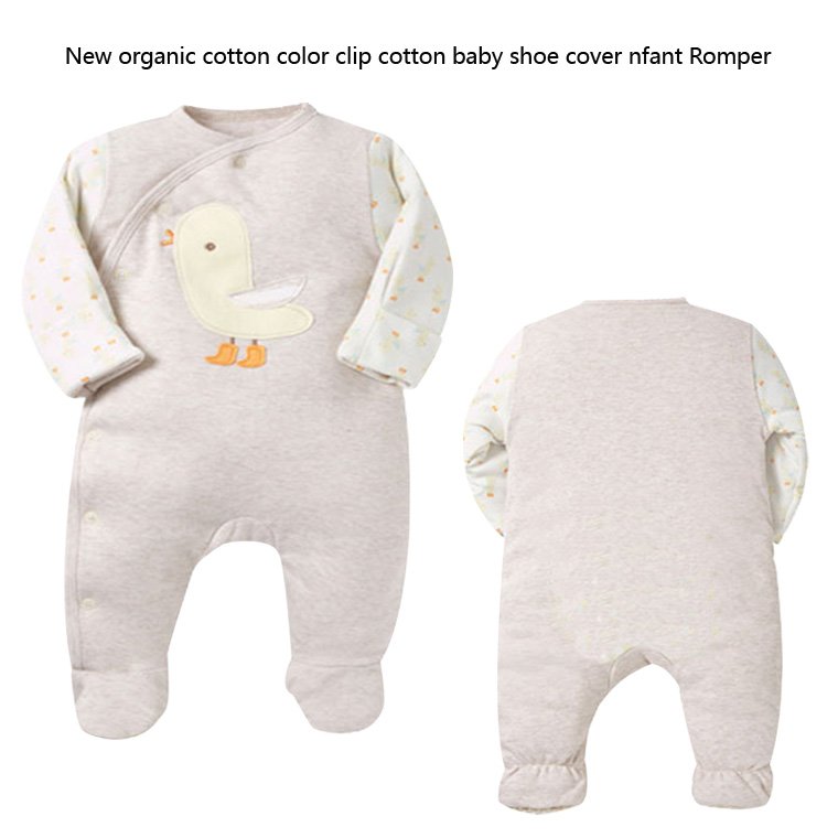 New organic cotton slanted open button baby jumpsuit long sleeved double-layer cotton clip on hand and foot round neck jumpsuit