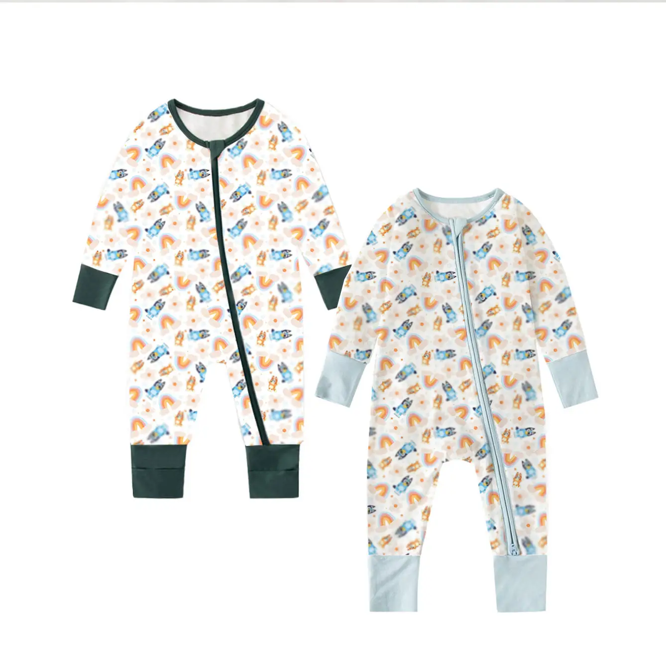 Customized Print Double Zipper Long sleeves Wholesale Autumn Baby Romper Organic Bamboo Fiber Cotton New Born Baby Clothes