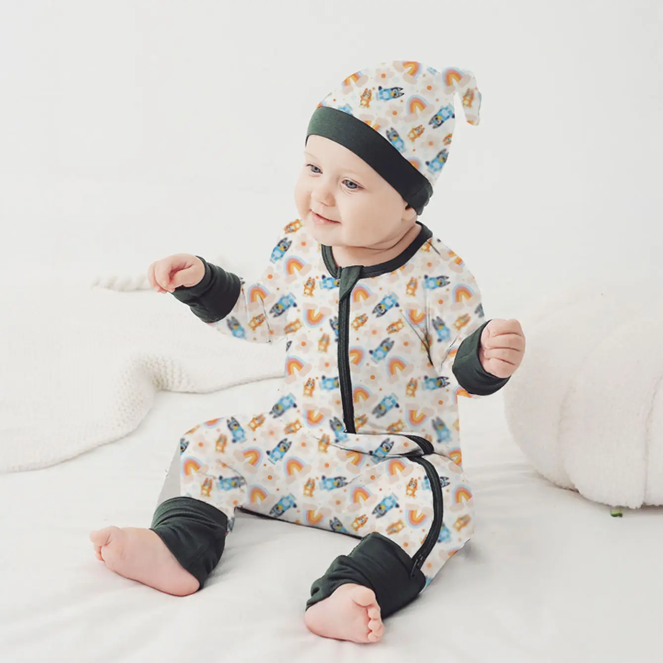 Customized Print Double Zipper Long sleeves Wholesale Autumn Baby Romper Organic Bamboo Fiber Cotton New Born Baby Clothes