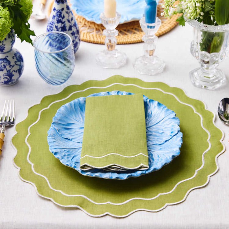 Custom Logo Fashion Organic 100% Linen Hemp Cloth Napkins with Scalloped Edge Boarder 170gsm