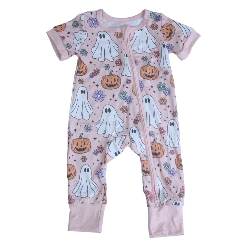 Custom OEM Bamboo Baby Romper Halloween Print Children's Short Sleeved Zipper Jumpsuits Pajamas