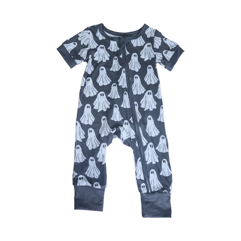 Custom OEM Bamboo Baby Romper Halloween Print Children's Short Sleeved Zipper Jumpsuits Pajamas