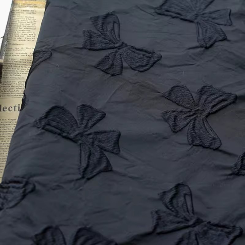 New design Hot sell embossed black 3D bowknot pattern dress gown clothing slim dress jacquard textile