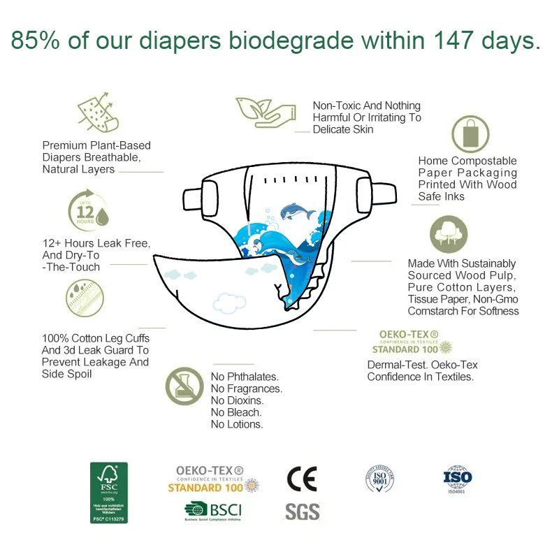 Wholesale Baby Bamboo Diaper Organic Ecologic Infant Free Nature Fiber Biodegradable Disposable Nappy Cotton Eco Friendly nappy