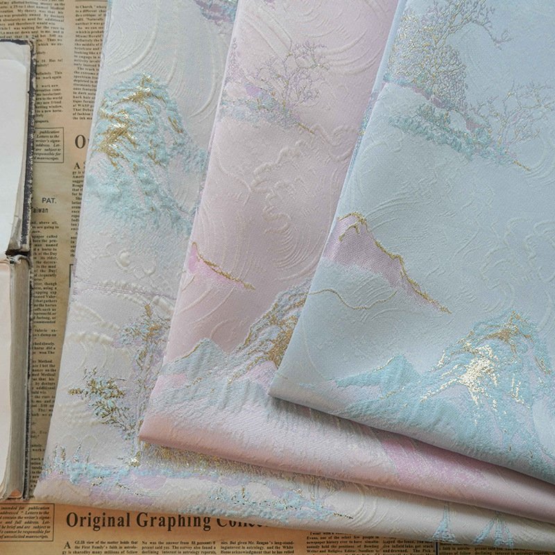 Top popular 100%polyester Golden wire mountains retro oil painting for dress cloth