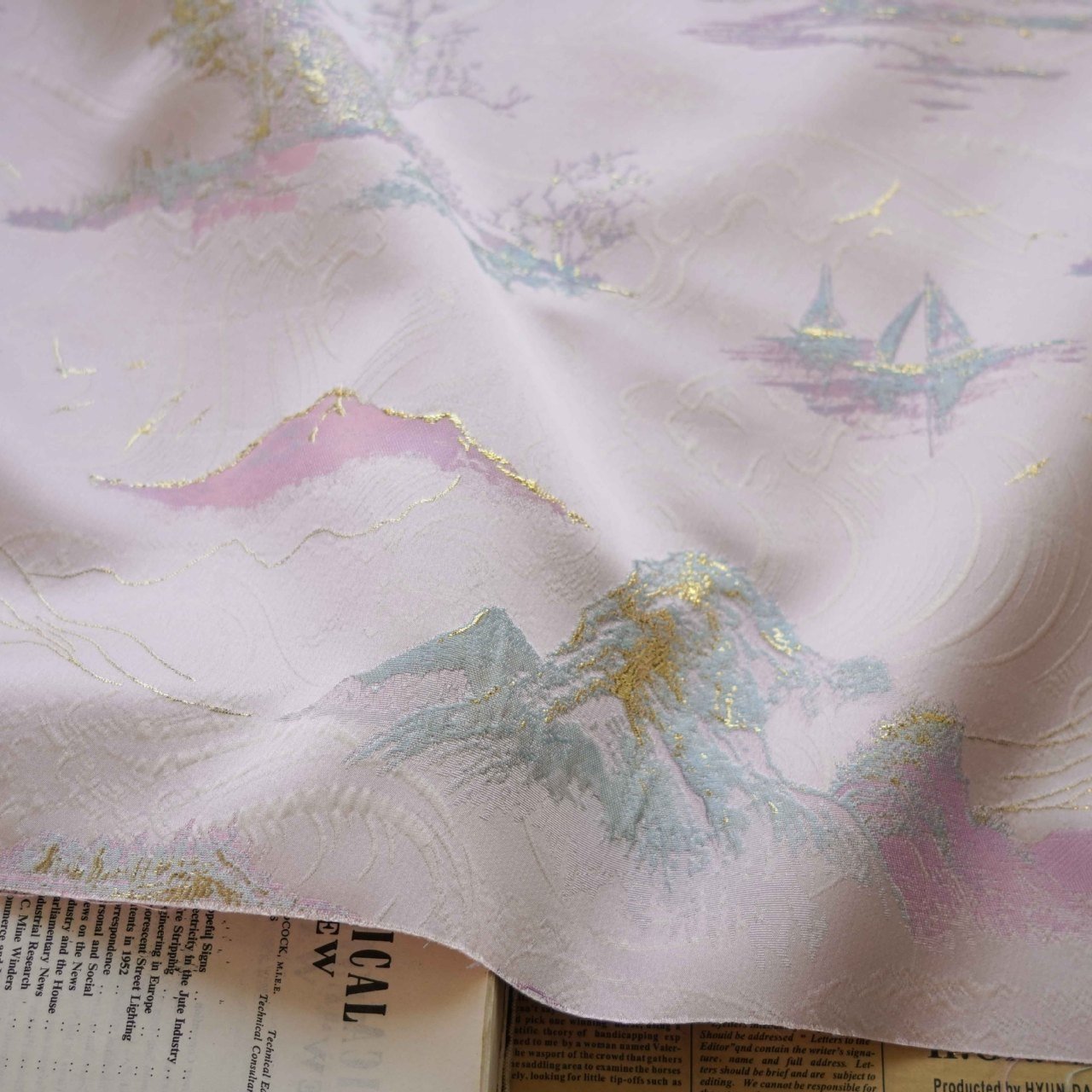 Top popular 100%polyester Golden wire mountains retro oil painting for dress cloth