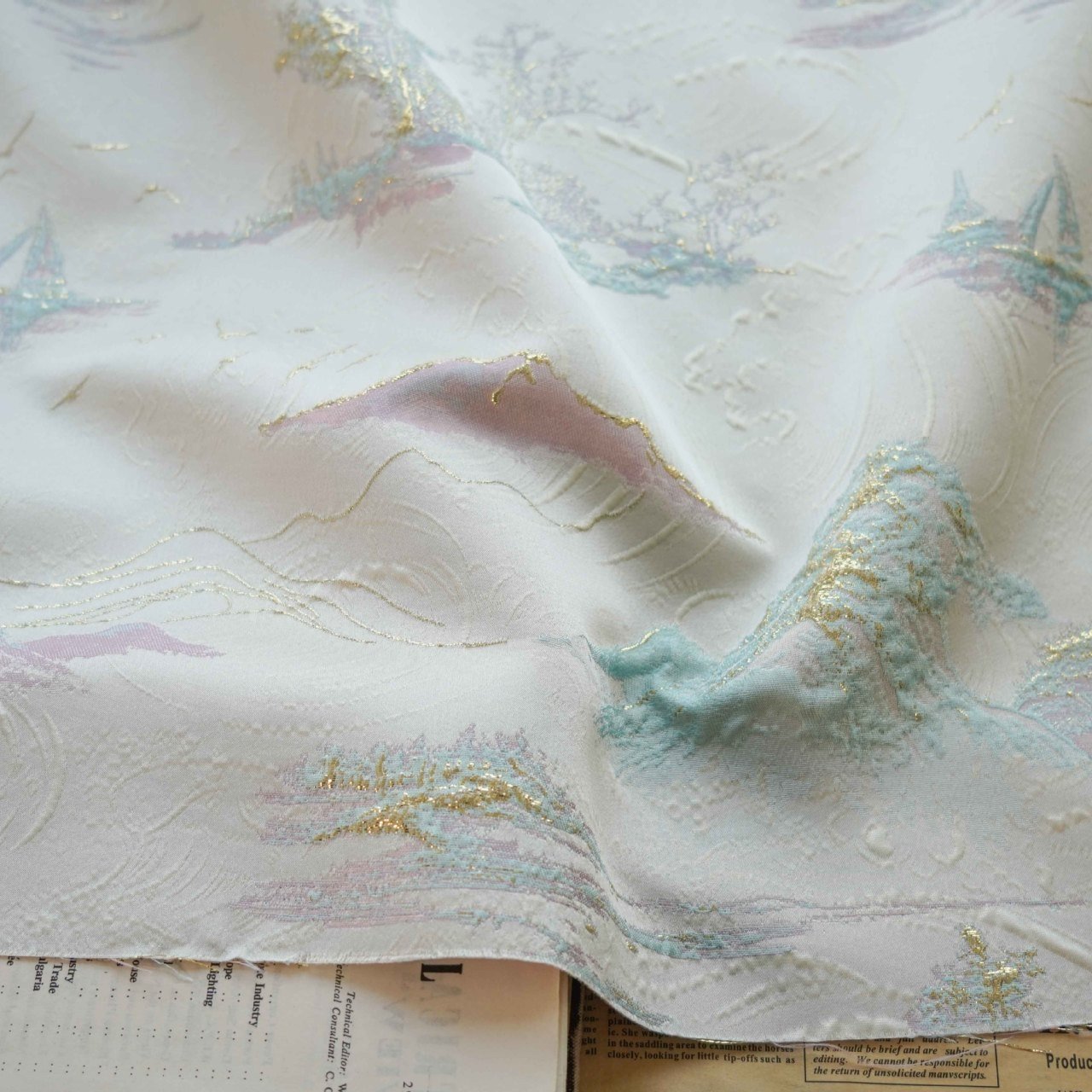 Top popular 100%polyester Golden wire mountains retro oil painting for dress cloth