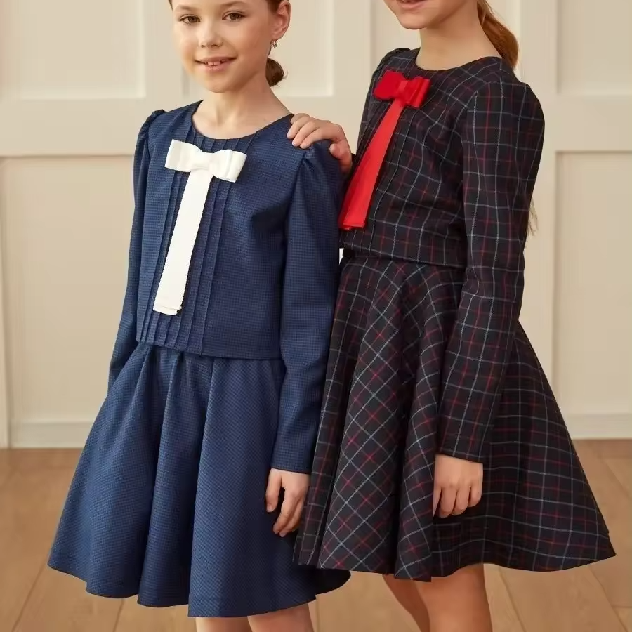 High Quality Wholesale Customized Retro Student School Uniform Pullover Bow Dress Girls Ruffled For Girl Teen