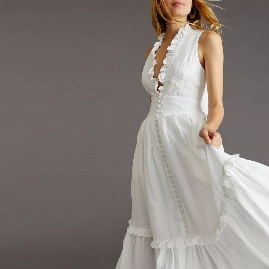 Summer 100% linen fabric Sleeveless Ruffle V Neck Maxi Lady Elegant Dress and women's Button Casual Long dress