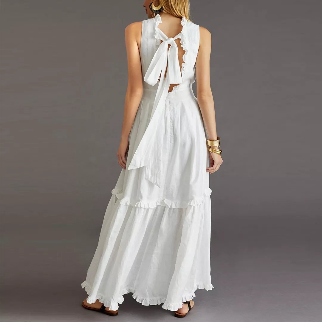 Summer 100% linen fabric Sleeveless Ruffle V Neck Maxi Lady Elegant Dress and women's Button Casual Long dress